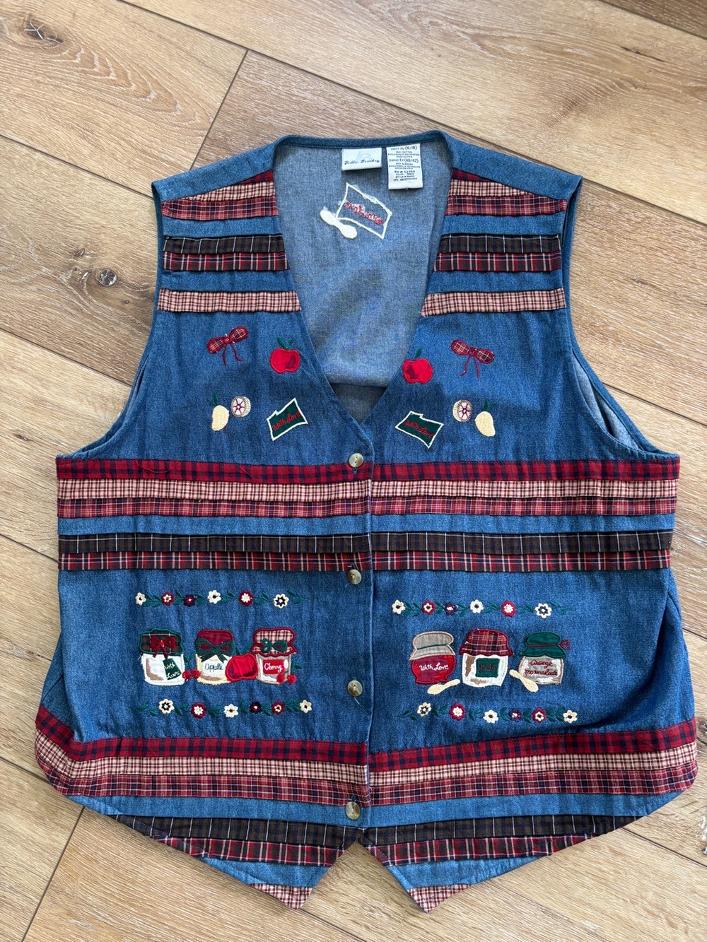 VTG Bobbie Brooks Denim Blue Vest Embroidered Apples Jars Plaid Trim XL X-Large